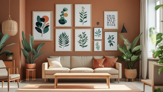 Salon moderne et tendance avec décoration murale composée d’affiches abstraites, botaniques et typographiques dans une galerie harmonieuse au-dessus du canapé.