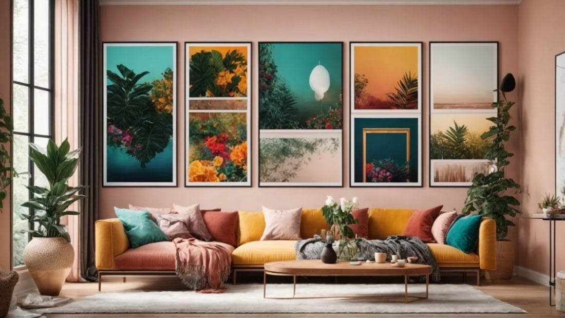 Affiches personnalisées accrochées sur un mur de salon moderne, reflétant des styles variés tels que le minimalisme et le pop art, avec des couleurs harmonisées pour une décoration intérieure tendance en 2024.