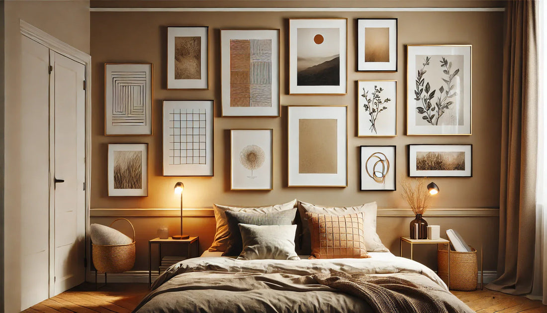 Chambre moderne avec une décoration murale harmonieuse, affiches design et ambiance chaleureuse.