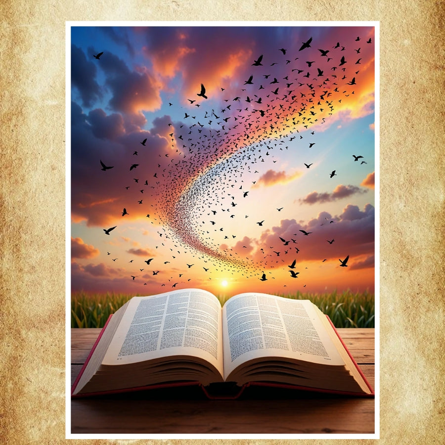 Affiche surréaliste représentant un livre ouvert libérant des oiseaux dans un ciel poétique, idéale pour une décoration inspirante et artistique.