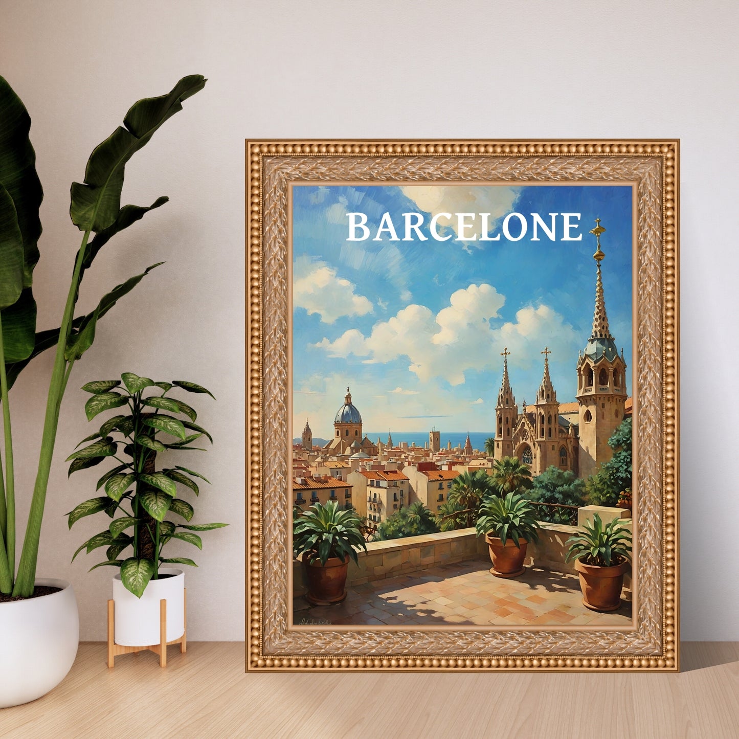 Affiche Vintage Barcelone avec texte, illustration rétro pour déco murale