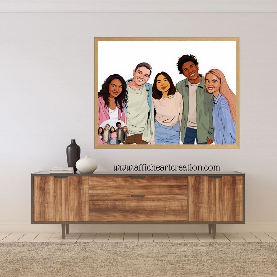 Affiche minimaliste d'un groupe de cinq amis souriants, idéale pour une décoration célébrant l'amitié.