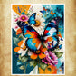 Affiche artistique avec des papillons majestueux virevoltant autour de fleurs.