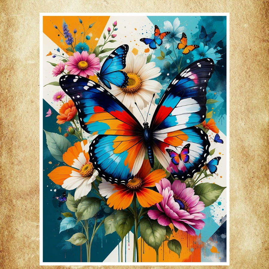 Affiche artistique avec des papillons majestueux virevoltant autour de fleurs.