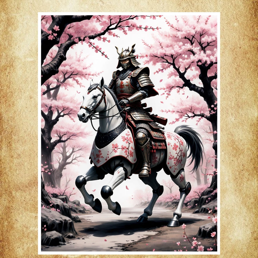 Décoration murale élégante et puissante avec un samouraï équestre et des détails raffinés.