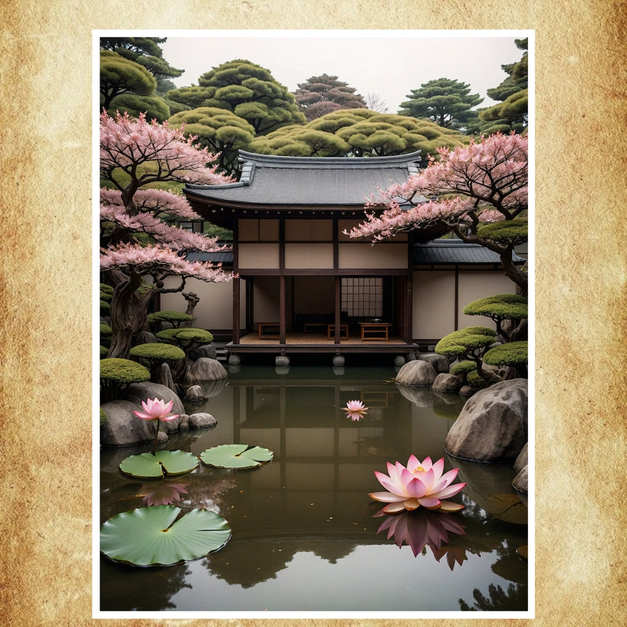 Illustration représentant un jardin japonais avec des cerisiers en fleurs, un étang paisible et des lotus, idéale pour une ambiance zen et apaisante.