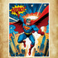 Poster vibrant représentant Superman en vol au-dessus de la ville, avec des couleurs éclatantes et une ambiance héroïque.