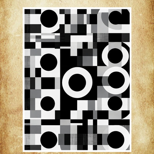 Affiche murale en noir et blanc avec des formes géométriques contrastées, idéale pour une décoration contemporaine et minimaliste.