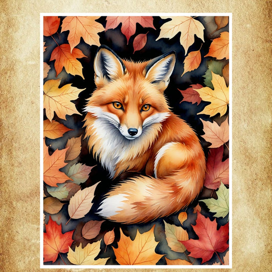 Affiche Animal Aquarelle représentant un renard entouré de feuilles d’automne dans des teintes chaleureuses et artistiques.