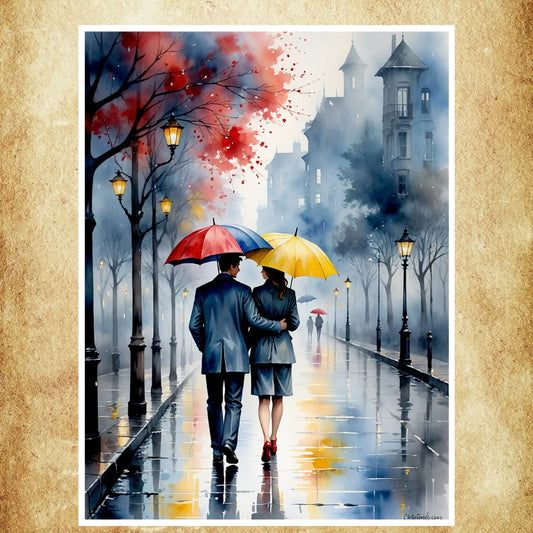 Affiche Aquarelle Couple Amoureux représentant un couple sous des parapluies colorés dans une rue éclairée, idéale pour une décoration romantique et poétique.