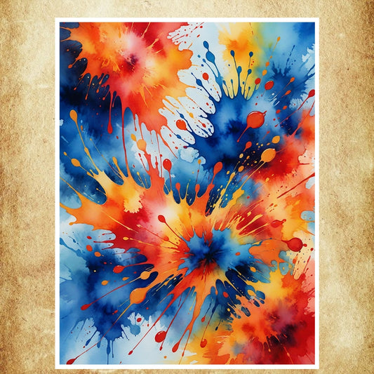 Affiche Aquarelle Explosion de Couleurs avec des éclaboussures abstraites vibrantes en bleu, rouge et jaune, idéale pour une décoration moderne et artistique.