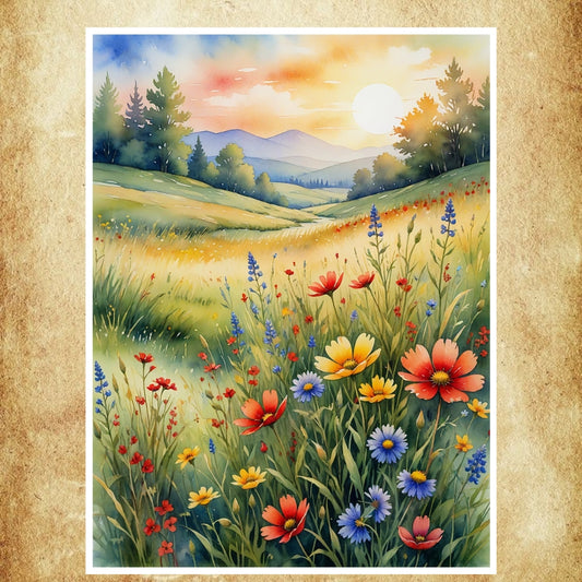 Affiche Aquarelle Fleurs des Champs représentant un champ fleuri baigné par la lumière du soleil, idéal pour une décoration poétique et naturelle.