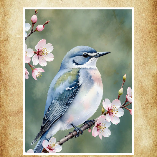 Affiche Aquarelle Oiseau représentant un oiseau délicatement posé sur une branche de fleurs, idéale pour une décoration naturelle et poétique.