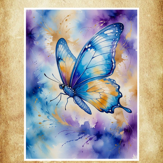 Affiche Aquarelle Papillon mettant en scène un papillon bleu et orange sur un fond artistique, parfaite pour une décoration naturelle et raffinée.