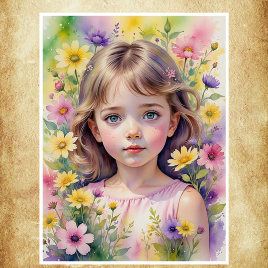 Affiche Aquarelle Portrait représentant un visage féminin entouré de fleurs pastel pour une décoration romantique.