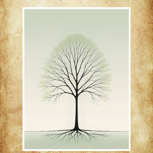 Illustration minimaliste d’un arbre aux branches et racines apparentes, sur fond doux et épuré.
