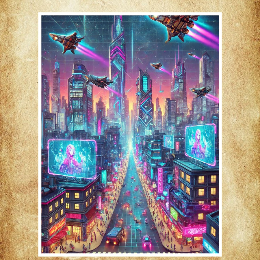 Affiche art numérique représentant une métropole futuriste avec des néons et une architecture cyberpunk, idéale pour une décoration murale moderne et visionnaire.