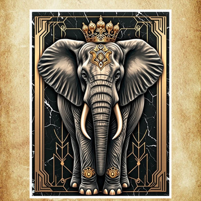 Affiche élégante représentant un éléphant majestueux avec des ornements dorés et un fond noir marbré luxueux.