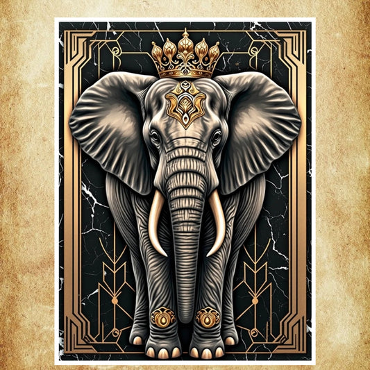 Affiche élégante représentant un éléphant majestueux avec des ornements dorés et un fond noir marbré luxueux.