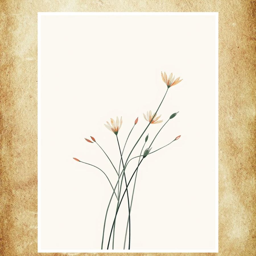 Affiche encadrée dans un salon minimaliste, ajoutant une touche de nature et de douceur.