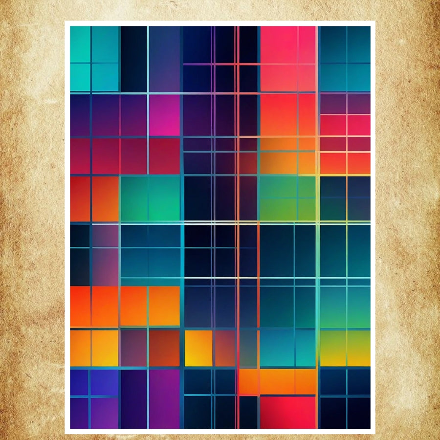 Affiche abstraite géométrique avec un jeu harmonieux de couleurs et de formes rectangulaires, pour un design moderne et vibrant.