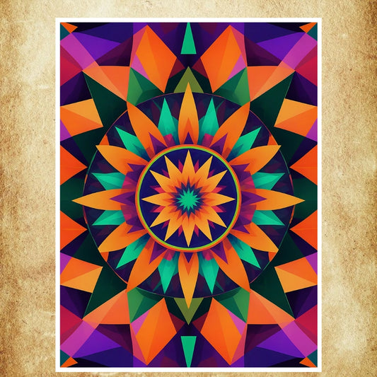 Affiche mandala géométrique avec des couleurs vibrantes et un design symétrique captivant.