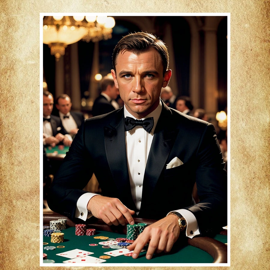 Affiche représentant James Bond en pleine partie de poker dans un casino élégant, inspirée du film Casino Royale.