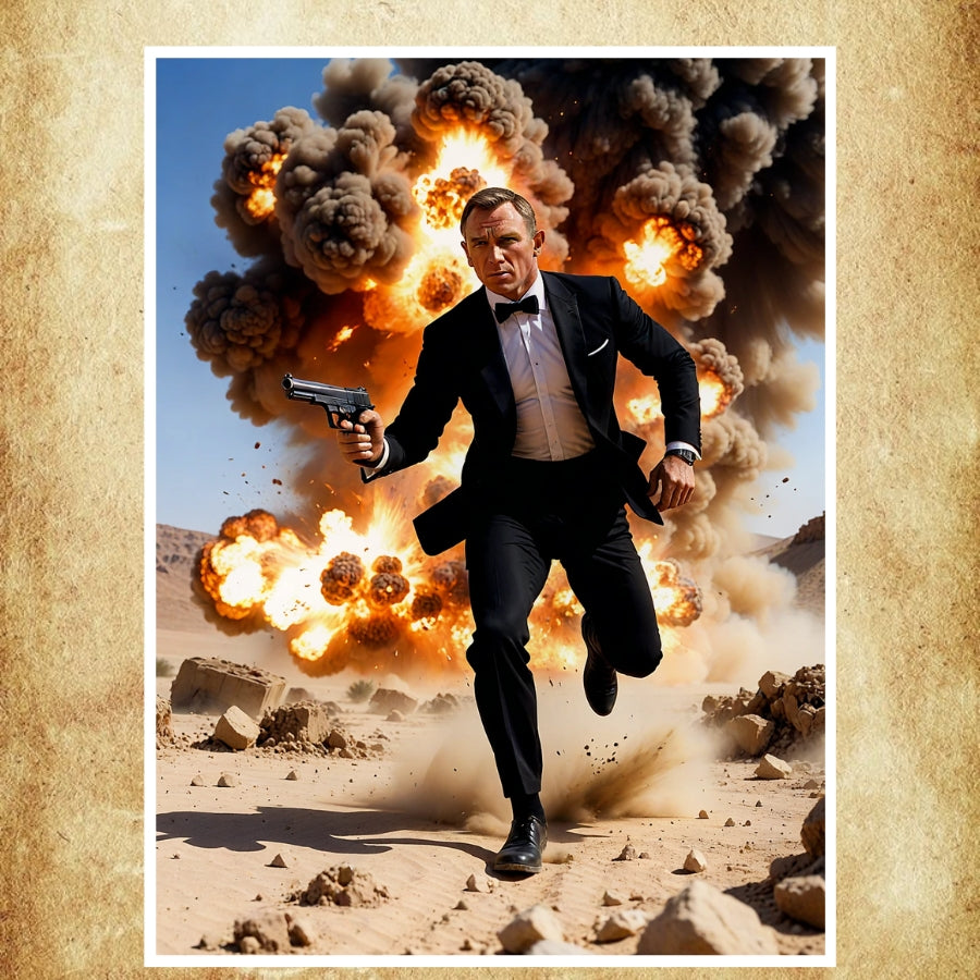 Poster haute définition de l’Agent 007 fuyant une explosion massive, capturant toute l’intensité d’un film d’espionnage.