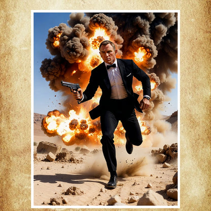 Poster haute définition de l’Agent 007 fuyant une explosion massive, capturant toute l’intensité d’un film d’espionnage.