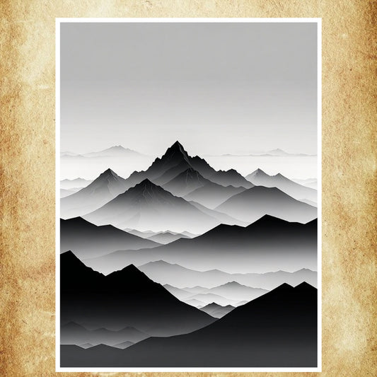 Affiche artistique représentant des montagnes superposées en nuances de gris, créant un effet de profondeur et de sérénité.