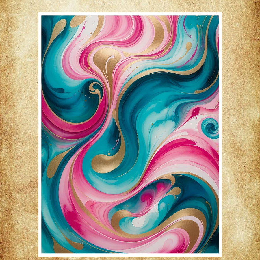 Affiche Peinture en Aquarelle avec des courbes abstraites en rose, turquoise et doré, idéale pour une décoration artistique et contemporaine.
