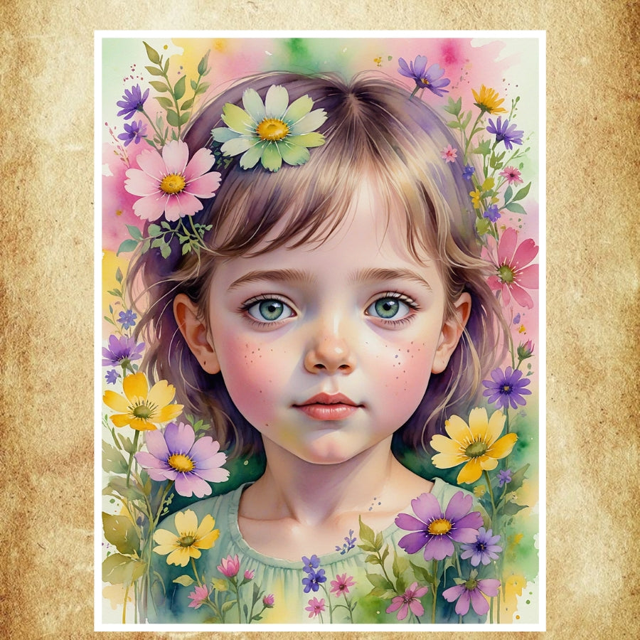 Portrait aquarelle artistique avec une harmonie parfaite entre visage et fleurs pour une ambiance apaisante et élégante.