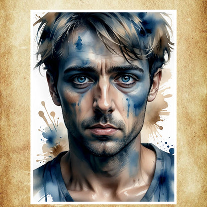 Affiche Portrait en Aquarelle représentant un visage avec des éclaboussures artistiques pour une décoration murale contemporaine.