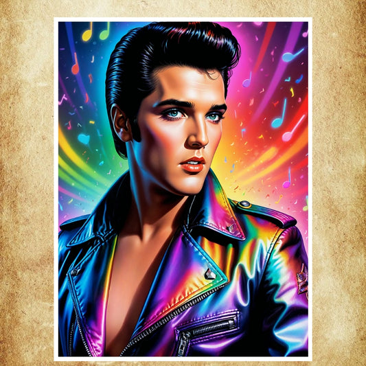 Affiche portrait colorée d’une icône musicale en style pop art, parfaite pour une déco rétro et moderne.