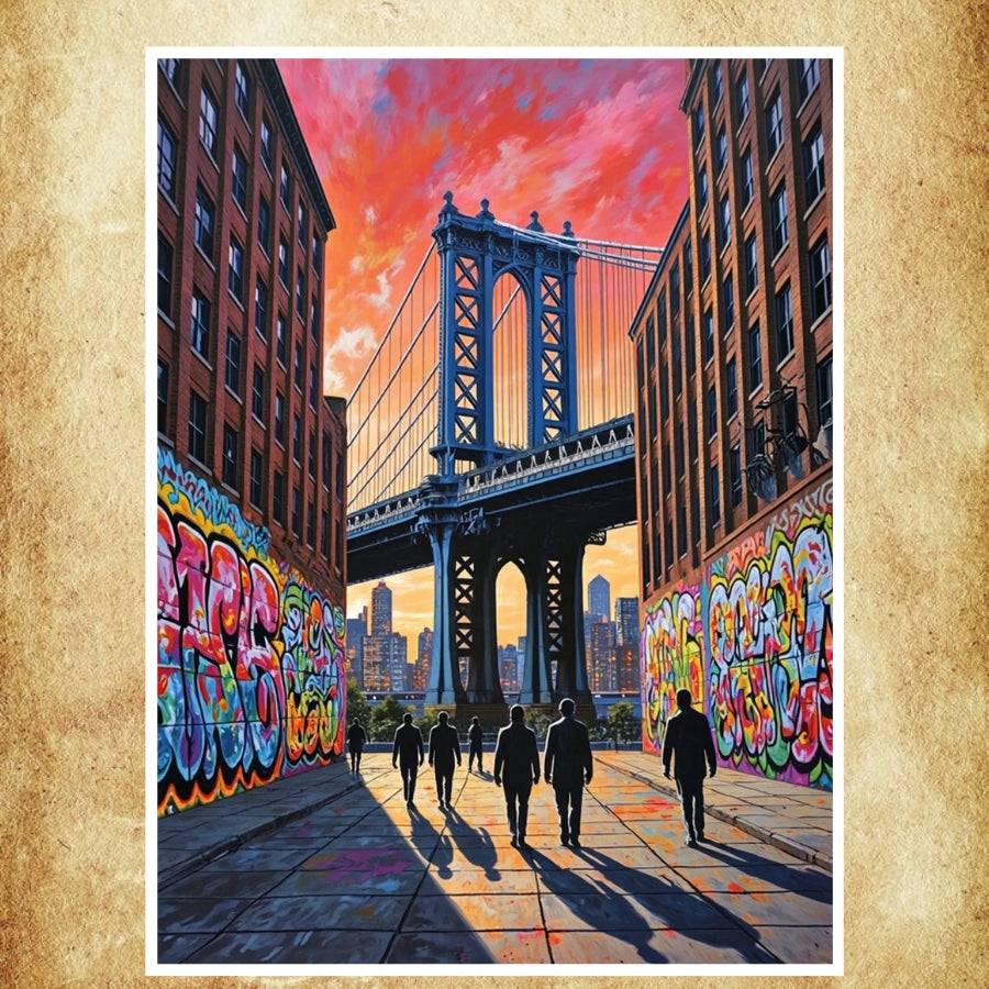 Affiche urbaine représentant le Manhattan Bridge avec des graffitis colorés et une lumière intense de coucher de soleil.