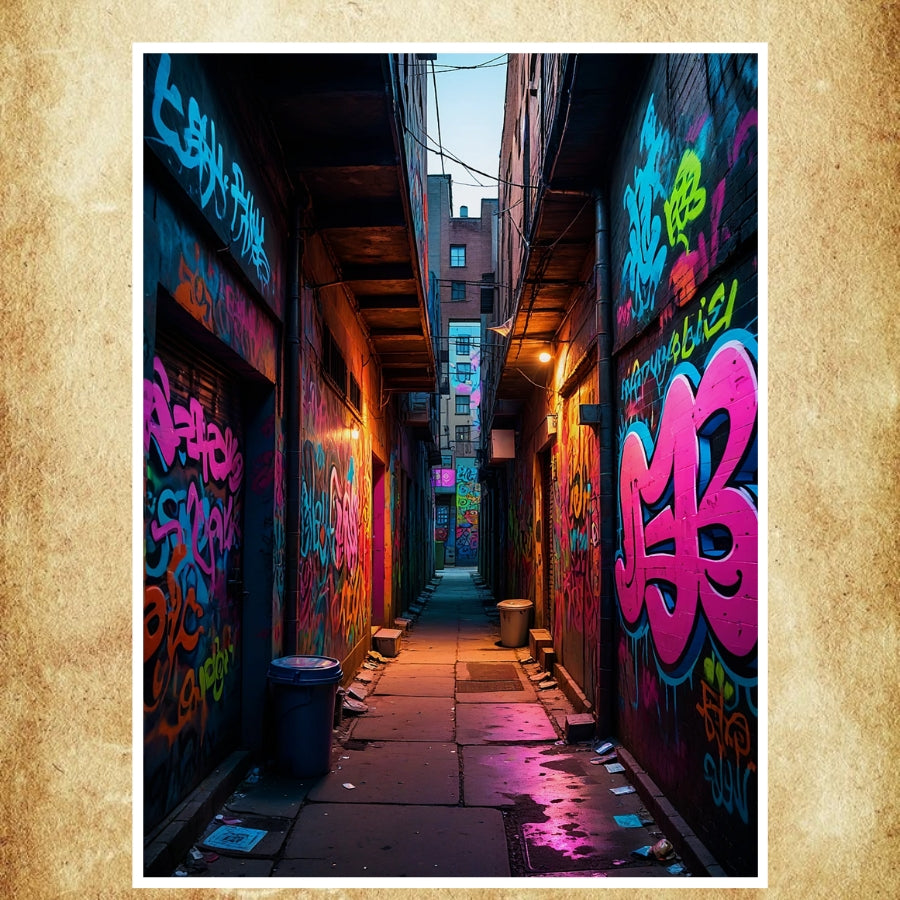 Découvrez une affiche street art représentant une ruelle au crépuscule, idéale pour une décoration murale contemporaine.