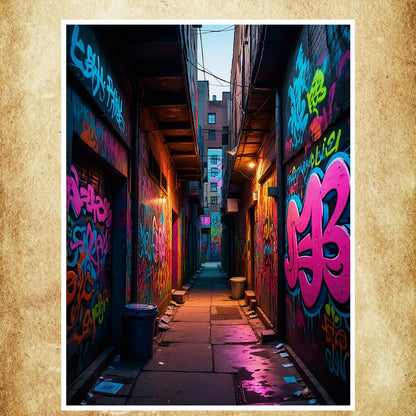 Découvrez une affiche street art représentant une ruelle au crépuscule, idéale pour une décoration murale contemporaine.