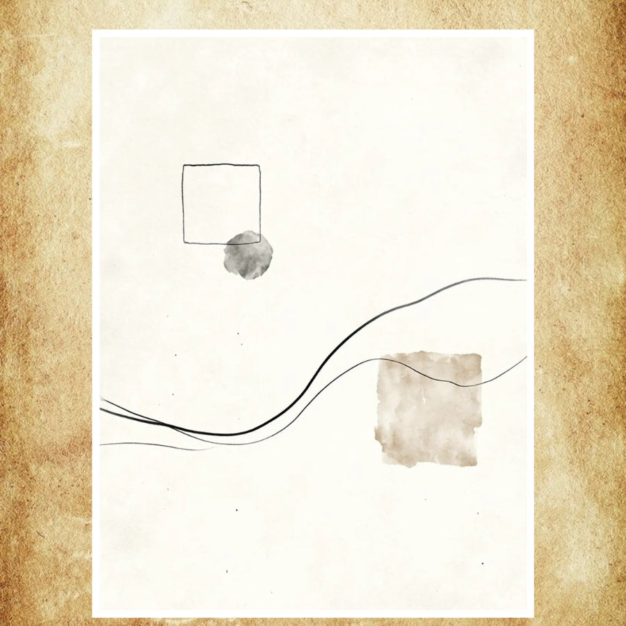 Affiche minimaliste avec formes géométriques et lignes fluides sur fond beige texturé.