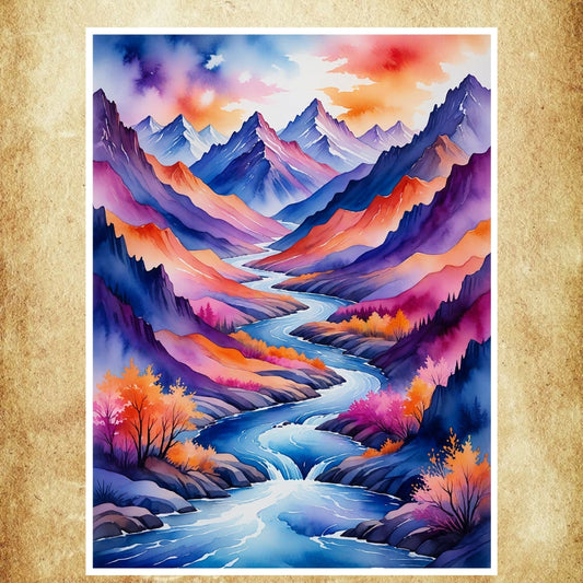 Affiche Tableau Aquarelle représentant des montagnes et une rivière dans des teintes vibrantes.