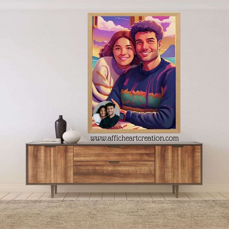 Portrait d'un couple en style pop art, ambiance romantique et chaleureuse.