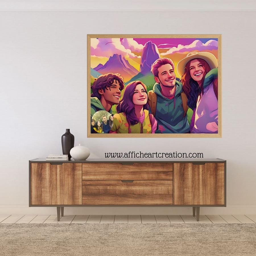 Portrait d'un groupe d'amis en style pop art, entourés d'un paysage vibrant et joyeux.