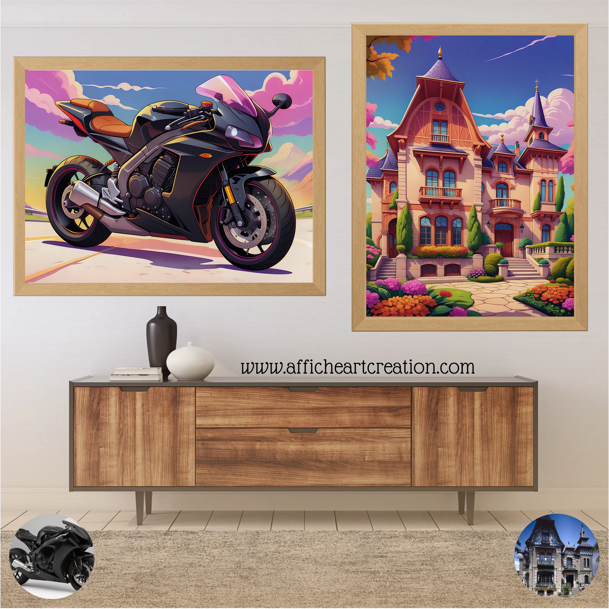 Composition pop art d'une moto et d'une villa colorée, parfaite pour les amateurs de design.