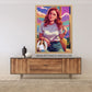 Portrait d'une femme en style pop art devant une fenêtre avec un paysage coloré.
