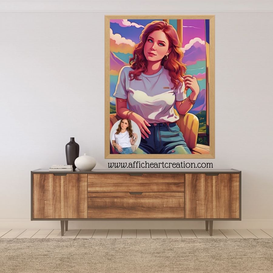 Portrait d'une femme en style pop art devant une fenêtre avec un paysage coloré.