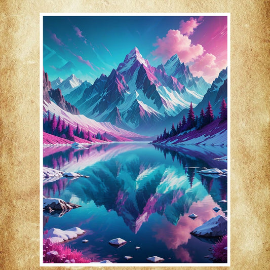 Poster représentant des montagnes majestueuses se reflétant dans un lac.