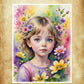Tableau portrait aquarelle avec des détails floraux et des couleurs douces, idéal pour un intérieur poétique.