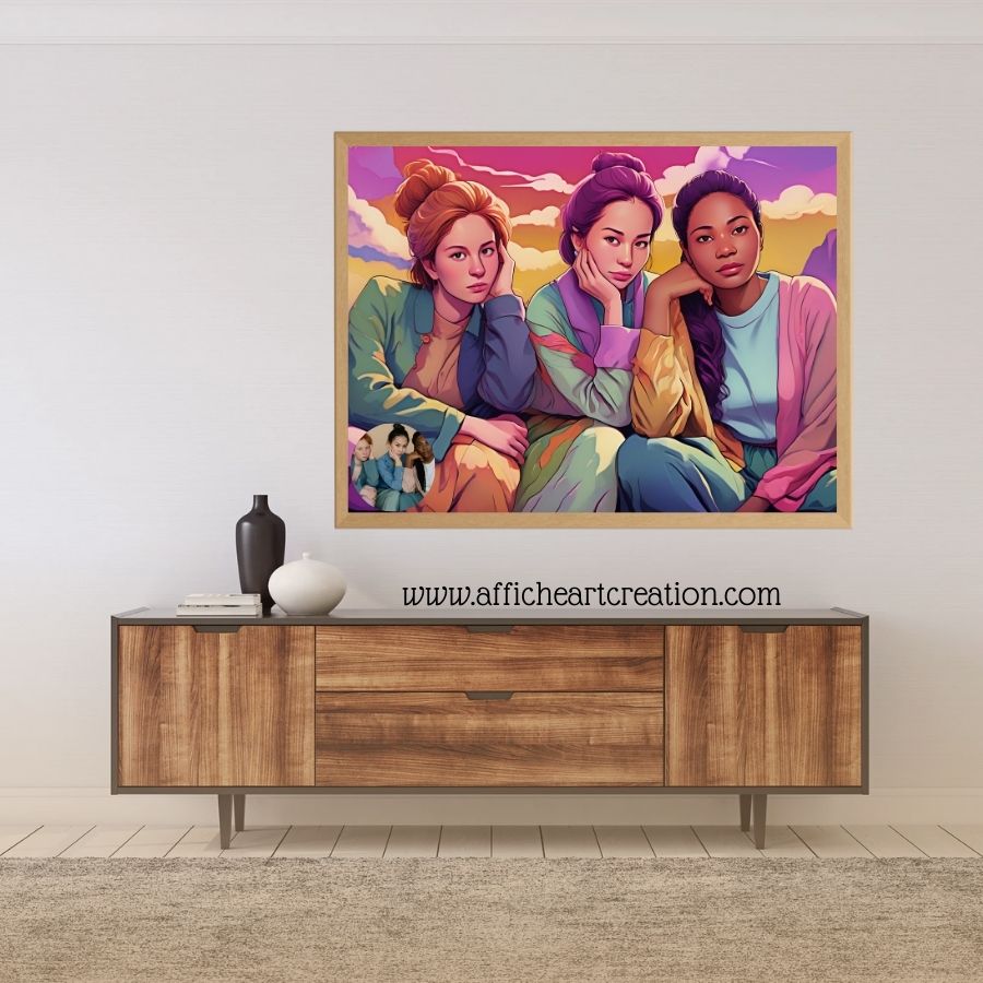 Portrait de trois femmes en style pop art, dans une composition expressive et élégante.